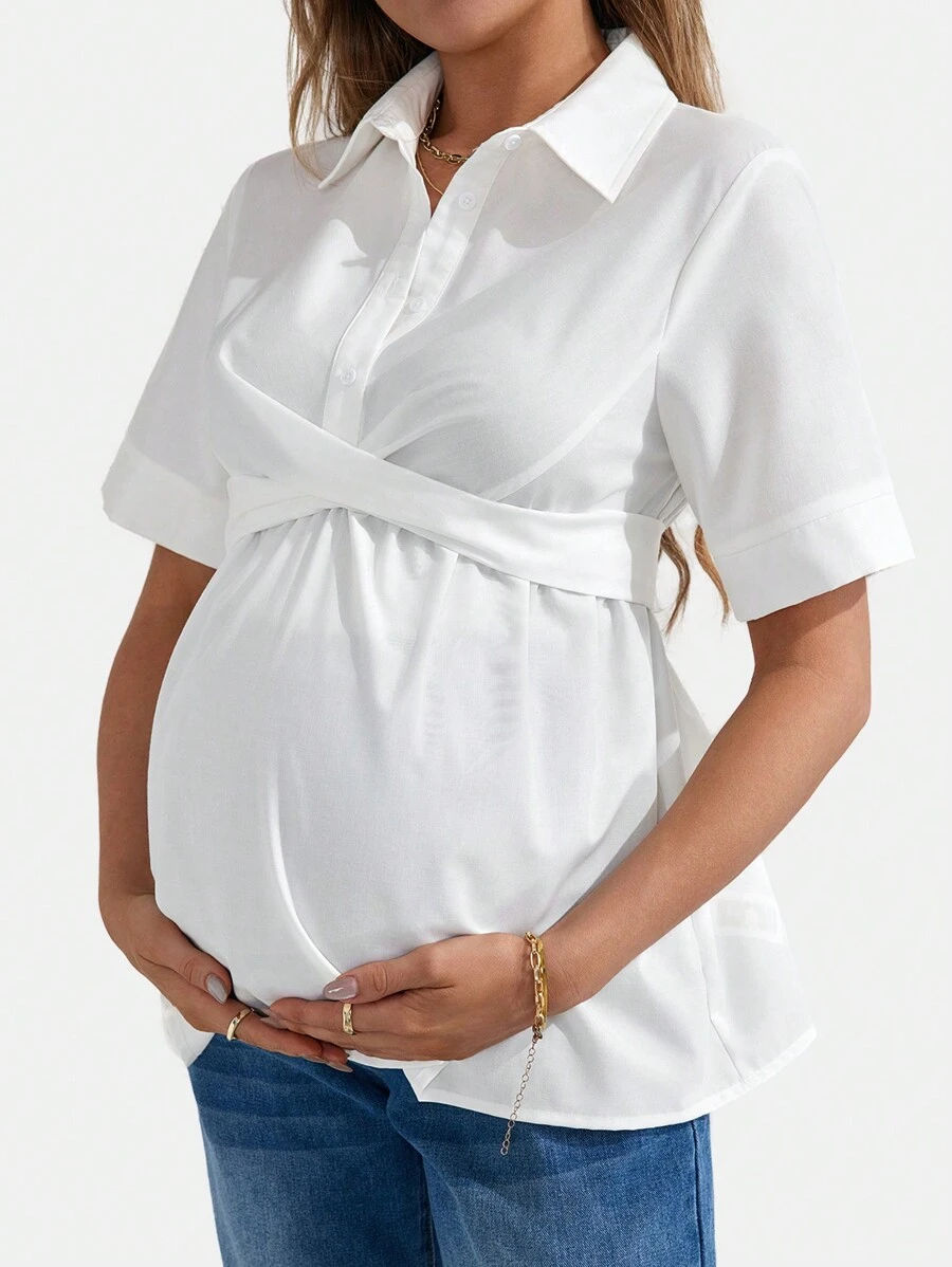 SHEIN Casual Solid Woven Short Sleeve Loose Maternity Shirt With Open Front - White - View 1