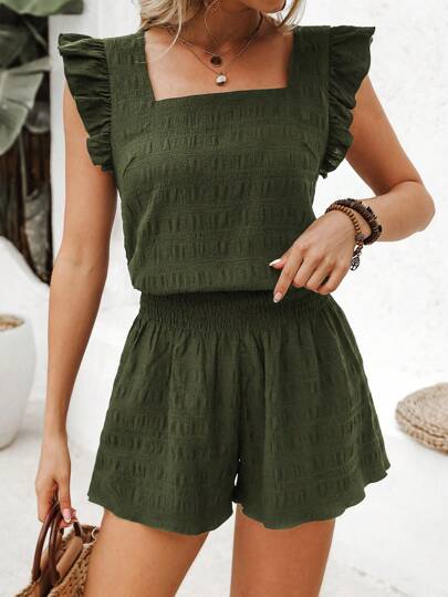 SHEIN VCAY Vacation Women's Summer Solid Color Square Neck Cap Sleeve Top And Shorts Two-Piece Set