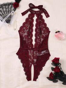 SHEIN Bow Detail Lace Halter Teddy Bodysuit Without Panty, Lingerie Bow Tie