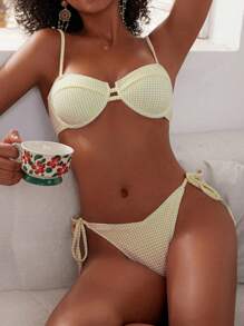 SHEIN Swim Women's Bikini Set Top With Ribbed Spaghetti Strap, Plaid Bottoms With Side-Tie Summer