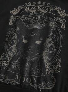 ROMWE Hippie Camiseta casual de verano con gráfico de gato y letras