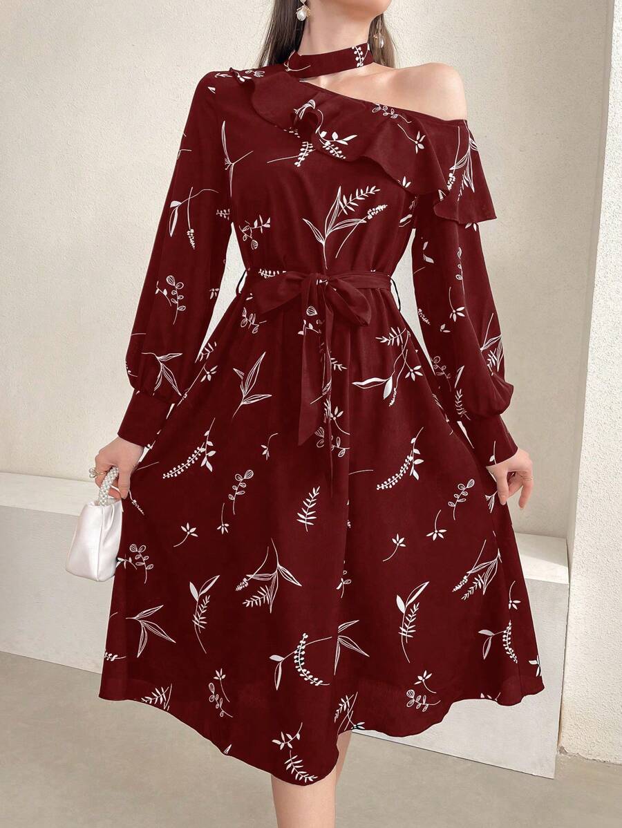Seusyu Plants Print Asymmetrical Neck Ruffle Trim Belted Dress - Redwood - View 1
