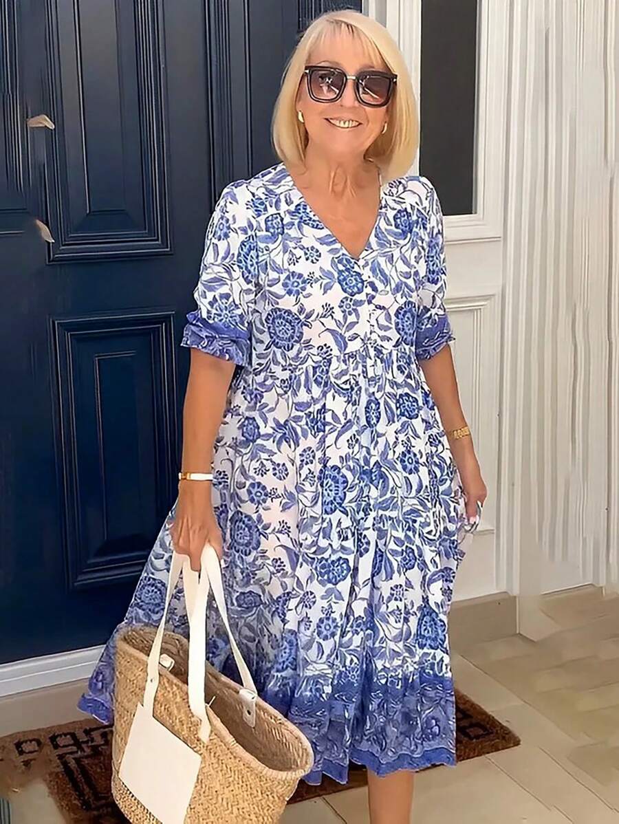 (非定位印花)优雅通勤长款花卉扎染印花宽松百搭女连衣裙 - 藍色 - 查看 1