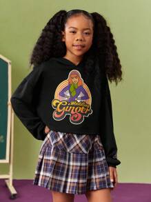 SCOOBY-DOO X SHEIN Tween Girl Cartoon Letter Printed Cropped Sweatshirt - Black - View 7