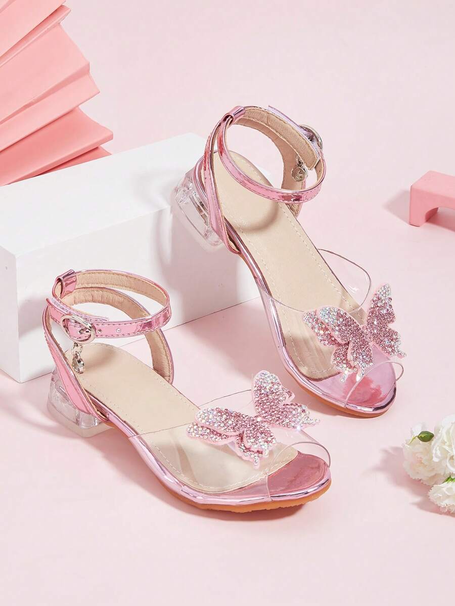 Girls' Chunky Heel Silver Glitter Butterfly Crystal Sandals, Suitable For Spring, Summer And Autumn