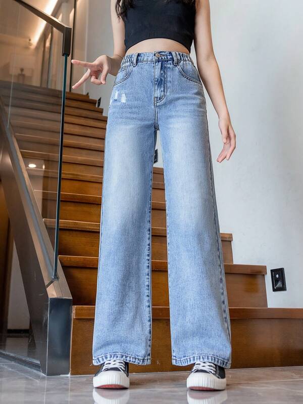SHEIN Wildeya Tween Girl New Casual Fashion Simple & Versatile Washed Denim Straight Leg Jeans
