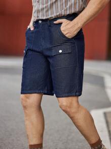 Manfinity Homme Pantalones cortos de mezclilla para hombre con bolsillos con solapa