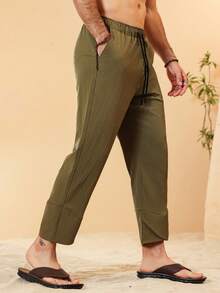 Manfinity RSRT Men's Solid Color Drawstring Waist Capri Loose Casual Pants With Side Pockets - Army Green - View 3