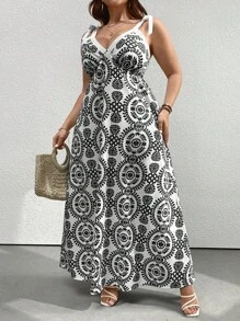 Breezaya 夏季度假款，全身花卉印花吊帶連身裙，配帶繫帶 - 黑色 - 查看 4