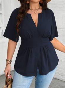 Franclia Cộng với áo có đường viền cổ xẻ viền - Màu xanh hải quân - Xem 3