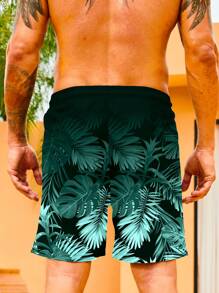 Surfspeed Men Tropical Print Drawstring Waist Swim Trunks,Hawaiian - Green - View 2