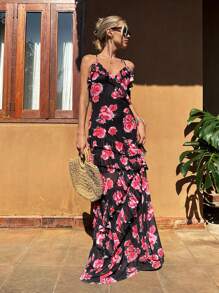 SHEIN VCAY 女士度假款花卉印花荷葉邊連衣裙 - 彩色 - 查看 4