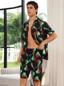 Men Allover Print PJ Set / Pajama Set For Daily