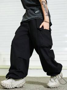 Manfinity Hypemode Men's Black Denim Workwear Baggy Jeans With Multiple Pockets And Wide Leg - Black - View 4
