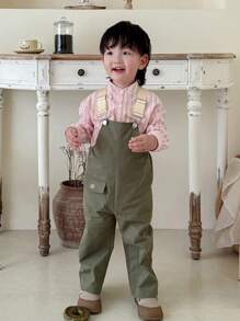 SHEIN Infant Boys' Stand Collar Pink Striped Shirt With Fashionable Overalls, Summer Streetwear Outfit - Multicolor - View 1
