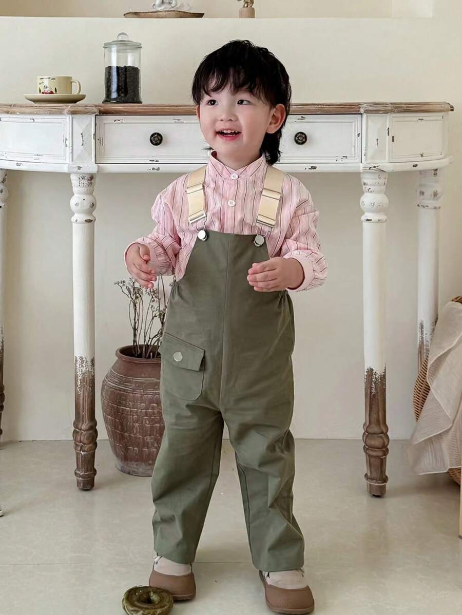 SHEIN Infant Boys' Stand Collar Pink Striped Shirt With Fashionable Overalls, Summer Streetwear Outfit - Multicolor - View 1