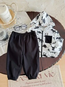 SHEIN 寶寶男/女春/夏/秋季卡通恐龍印花黑白色帽T外套搭實色長褲2件套，適合戶外旅行 - 黑與白 - 查看 6