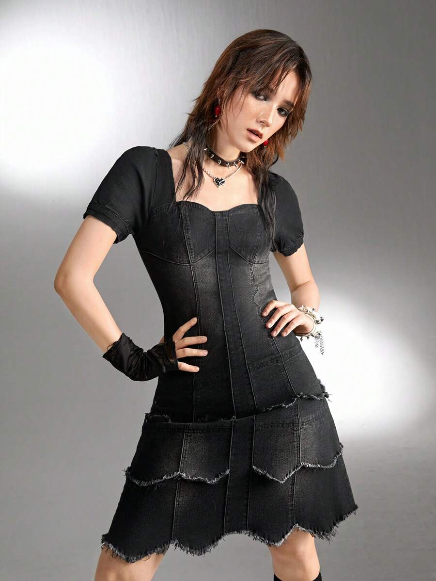 SHEIN Explorewe Teen Girls Y2K Punk Style Black Puff Sleeve Three-Layer Frayed Denim Dress - Black - View 1