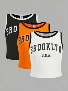 3pcs/Set Tween Girl Knitted Color Block Round Neck Sleeveless Tank Top For Spring And Summer Leisure Sports - Multicolor - View 1