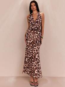 SHEIN BAE Summer Beach Vacation Date Party Sexy Printed Animal Leopard Pattern Halter Neck Bow Tie Backless Women's Tank Top & Maxi Skirt Set For Women