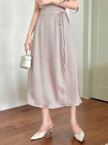 DAZY Women's Elegant Solid Color Wraparound Tie Waist Skirt, Summer - Beige - View 5