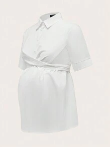 SHEIN Casual Solid Woven Short Sleeve Loose Maternity Shirt With Open Front - White - View 8