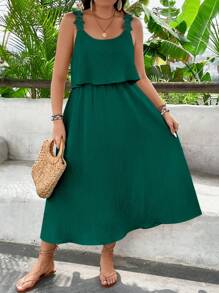 SHEIN Clasi 夏季度假纯色荷叶边吊带连衣裙 - 墨綠色 - 查看 4