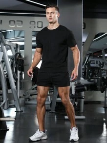 Manfinity Athleisure 男士短裤套装，纯色落肩T恤搭配抽绳腰短裤，运动套装，健身服套装，透气健身套装 - 黑色 - 查看 3