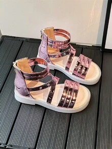 Zomermode voor kinderen met spiegeloppervlak, goudkleurige open teen, casual platte Romeinse sandalen