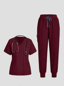 TaskEZ 勃艮第红色 V 领口袋上衣和抽绳腰裤手术服套装 - 酒紅色 - 查看 11
