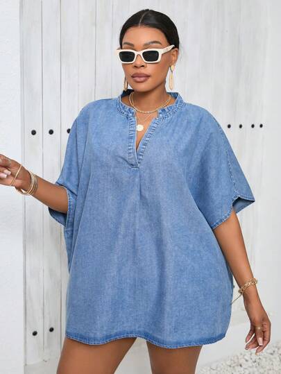 SHEIN Lady 大尺碼鬆身性感荷葉邊牛仔襯衫，藍色