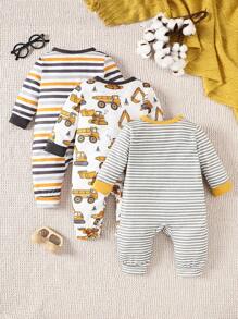 SHEIN Vintaside Kids 3入組新生兒男童休閒印花車紋長袖連身衣套裝，秋冬季常穿 - 黃色 - 查看 2