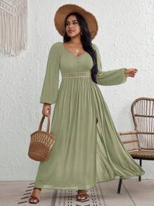 SHEIN VCAY Vestido de manga de linterna con encaje Guipure en la parte superior con abertura en el muslo en tallas grandes - Verde militar - Ver 5