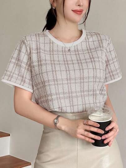 DAZY 格紋印花對比邊條圓領T恤