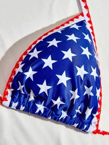 SHEIN Swim American USA Flag Print Halter Triangle Top & Stripe Print Brief Summer Beach Bikini Set, 4th Of July - Multicolor - View 5
