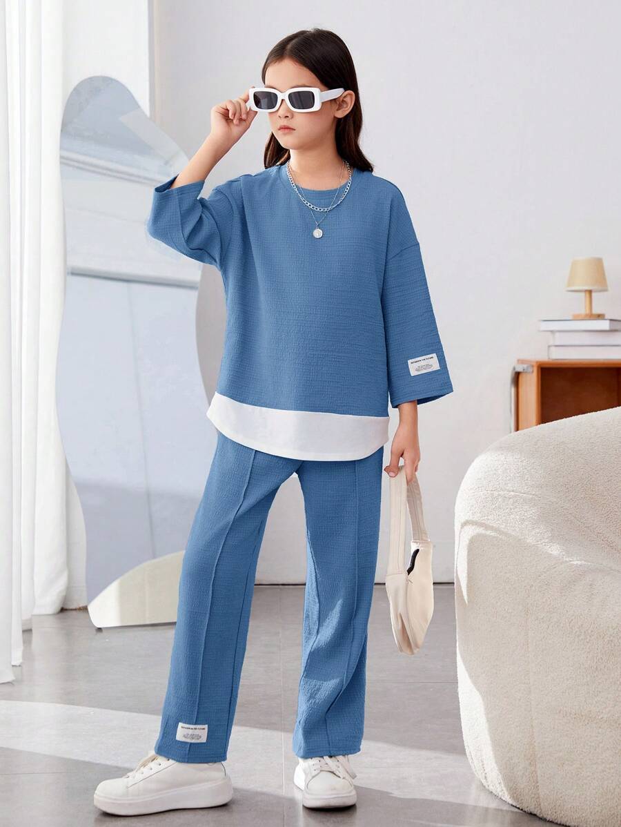 SHEIN Bộ áo cổ tròn và quần dài dệt kim thông thường của Tween Girls - Màu xanh bụi bặm - Xem 1