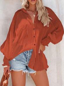 Plus Button Puff Sleeve Striped Shirts - Orange - View 1