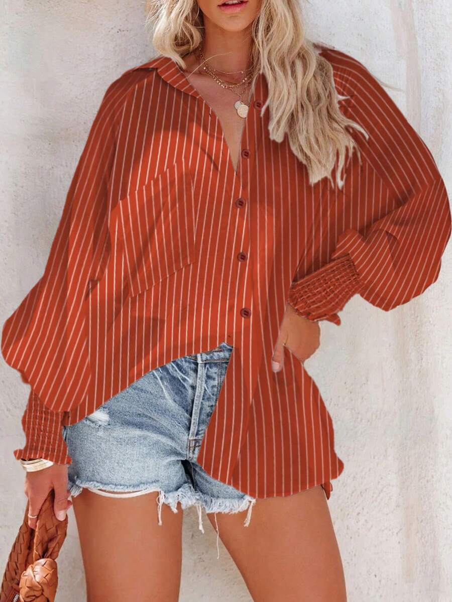 Plus Button Puff Sleeve Striped Shirts - Orange - View 1