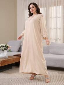 Elegant Embroidered Arabic Dress, JALABIA Floral Lace Sleeve V-Neck Dress, Graceful Spring/Summer 2025, RAMADAN, Eid Al Adha - Apricot - View 7