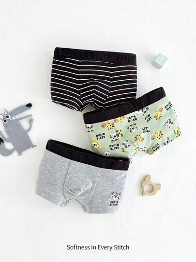 Cozy Pixies 年輕男孩卡通動物圖案針織柔軟拼色內衣3入組