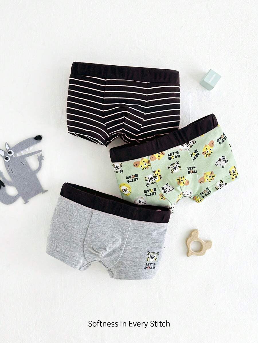 Cozy Pixies 年輕男孩卡通動物圖案針織柔軟拼色內衣3入組 - 彩色 - 查看 1