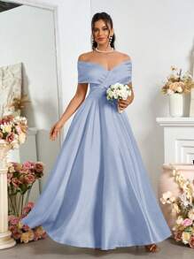 SHEIN Belle Elegante Vestido de Noiva de Cetim com Ombros de Fora e Grande Barra - Azul Empoeirado - Visão 1