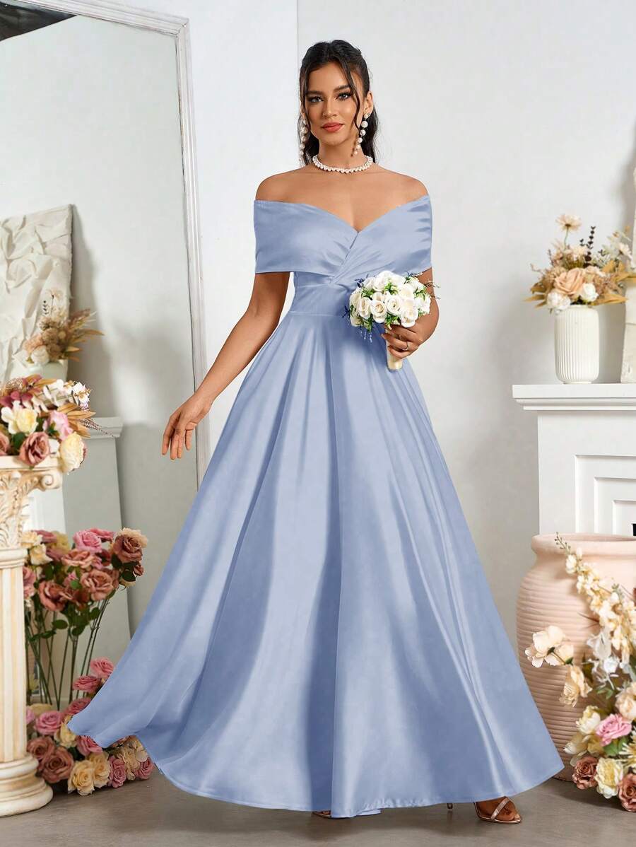 SHEIN Belle Elegante Vestido de Noiva de Cetim com Ombros de Fora e Grande Barra - Azul Empoeirado - Visão 1