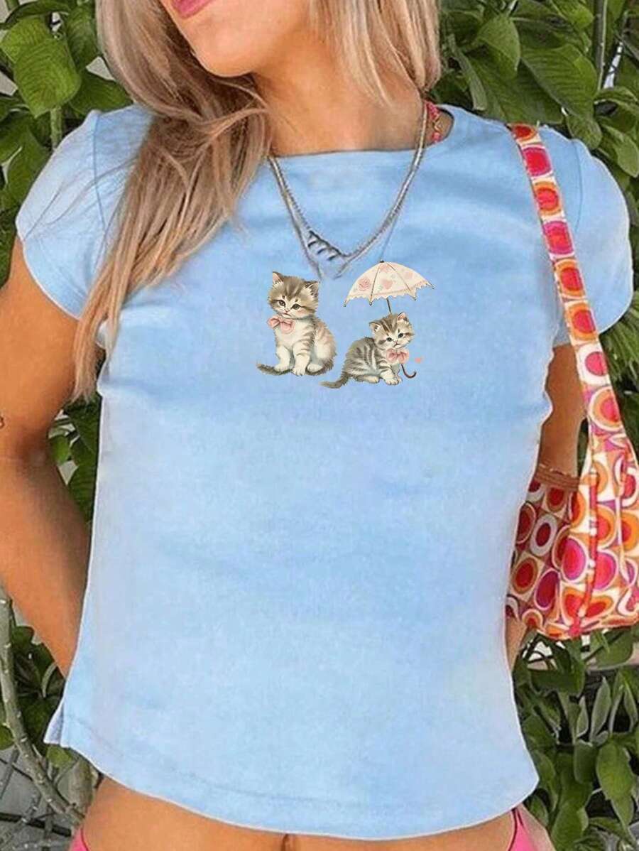 INAWLY Y2K 风格女款 Kitty 印花 T 恤 图案 T 恤 女式上衣 - 藍色 - 查看 1