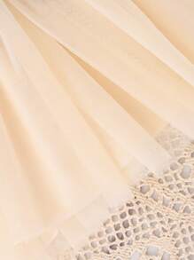 Vestido de manga larga sólido con ribete de volantes de malla contrastante y top de mezclilla sin mangas sólido para niña pequeña - Azul - Ver 7