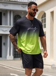Manfinity Homme Men Plus Letter Graphic Ombre Tee & Shorts For Summer