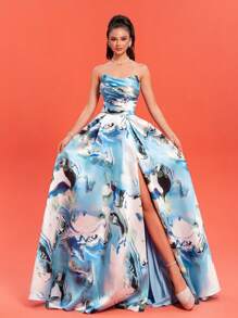 Off-The-Shoulder A-Line Floor-Length Satin Printed Evening Dress With High Slit Gown - Baby Blue - View 5