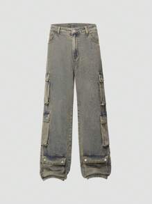 ROMWE MEN Street Life Men Flap Pocket Cargo Jeans, School - Bronze - View 1