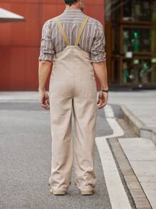 Manfinity Homme 男士夏季休閒拼色丹寧背帶褲，鈕扣設計，開襟式和雙口袋設計 - 卡其色 - 查看 2