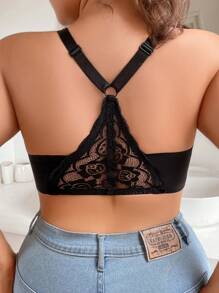 Plus Contrast Lace Underwire Bra - Black - View 4
